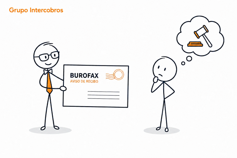 lustración de Grupo Intercobros sobre cómo enviar un burofax para reclamar un impagado y dejar constancia válida ante un juez.