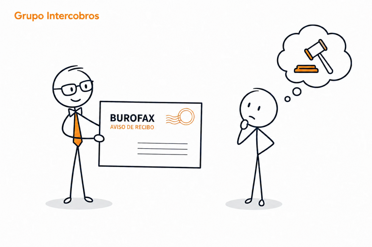 lustración de Grupo Intercobros sobre cómo enviar un burofax para reclamar un impagado y dejar constancia válida ante un juez.