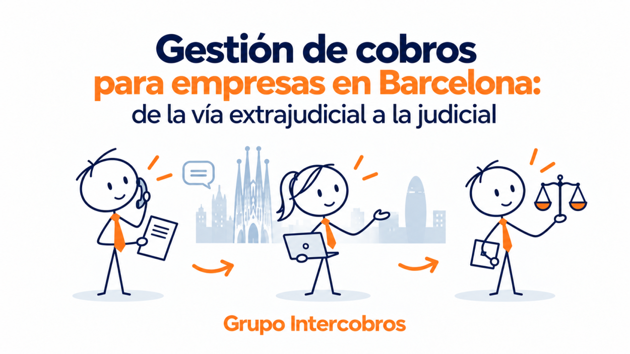 Ilustración de Grupo Intercobros sobre gestión de cobros para empresas en Barcelona, desde la reclamación extrajudicial hasta la vía judicial.
