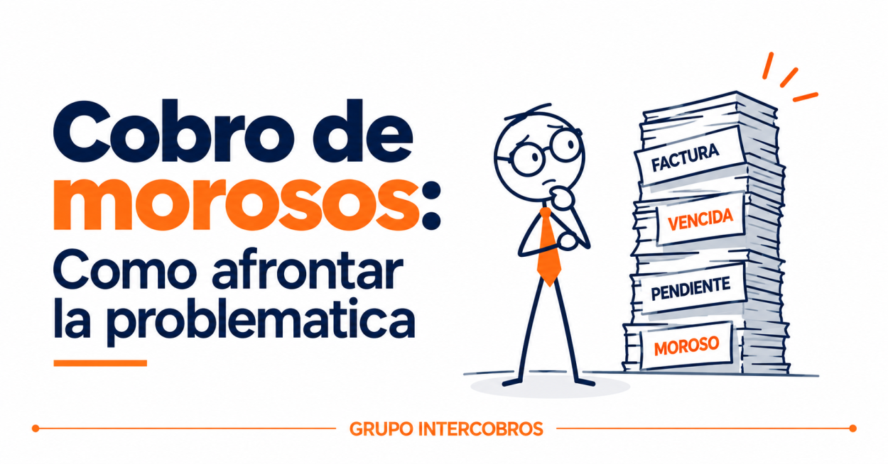 Ilustración corporativa de Grupo Intercobros sobre el cobro de morosos, con facturas vencidas y pendientes, análisis de la deuda y gestión profesional para recuperar el importe.