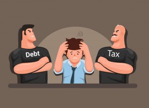 stressed man with tax and debt collectors finance management business symbol cartoon illustration vector 300x217 - Recouvrement des créances à l’amiable en Espagne