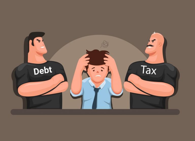stressed man with tax and debt collectors finance management business symbol cartoon illustration vector 768x555 - Recouvrement des créances à l’amiable en Espagne