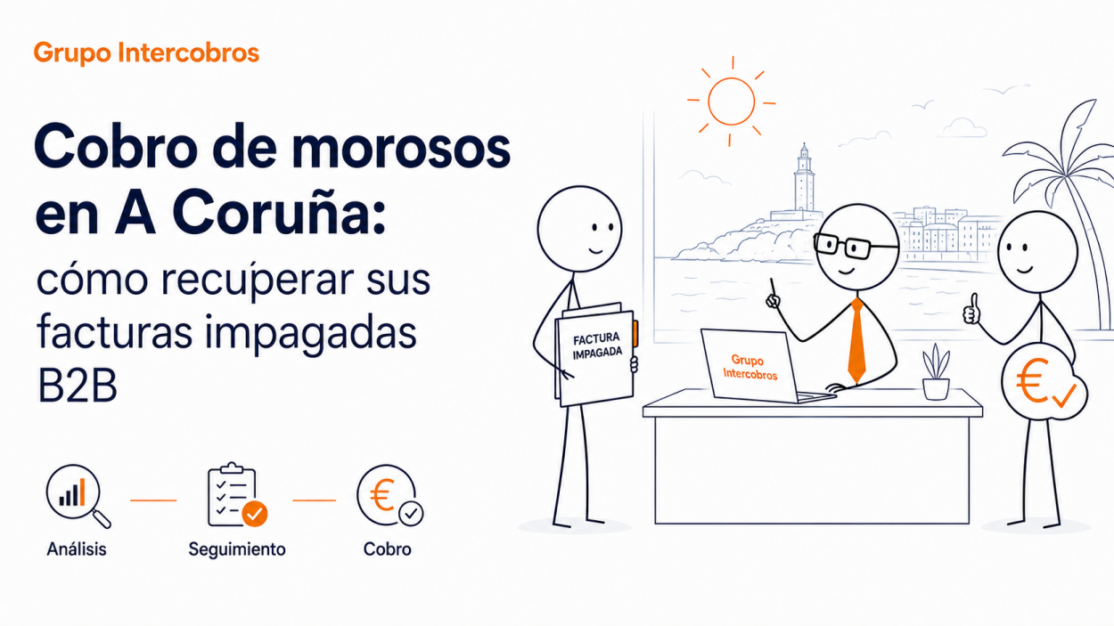 Ilustración corporativa de Grupo Intercobros sobre el cobro de morosos en A Coruña y la recuperación de facturas impagadas B2B durante