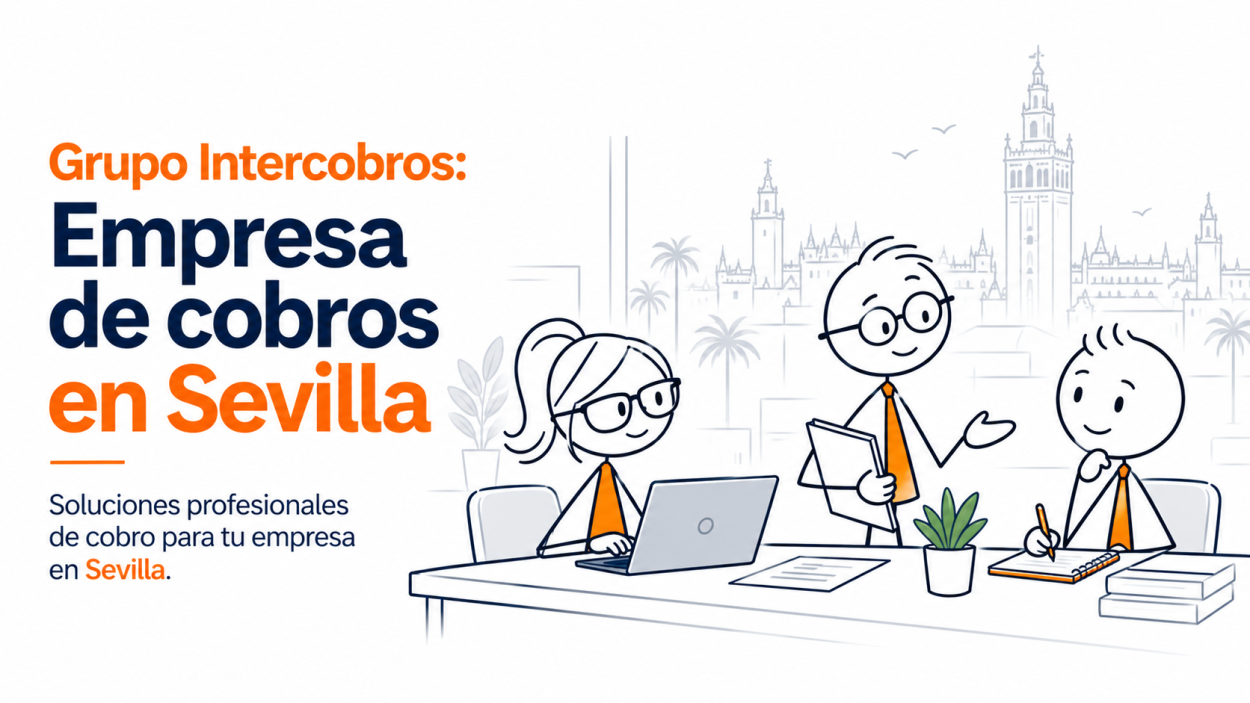 Ilustración de Grupo Intercobros sobre servicios de gestión de cobros para empresas en Sevilla, con equipo profesional y seguimiento de facturas impagadas.