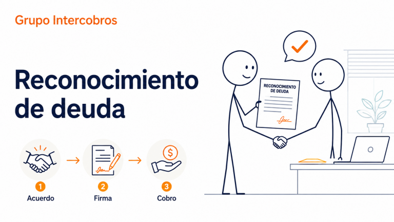 Ilustración corporativa de Grupo Intercobros sobre un reconocimiento de deuda, con acuerdo entre acreedor y deudor, firma del documento y proceso posterior de cobro