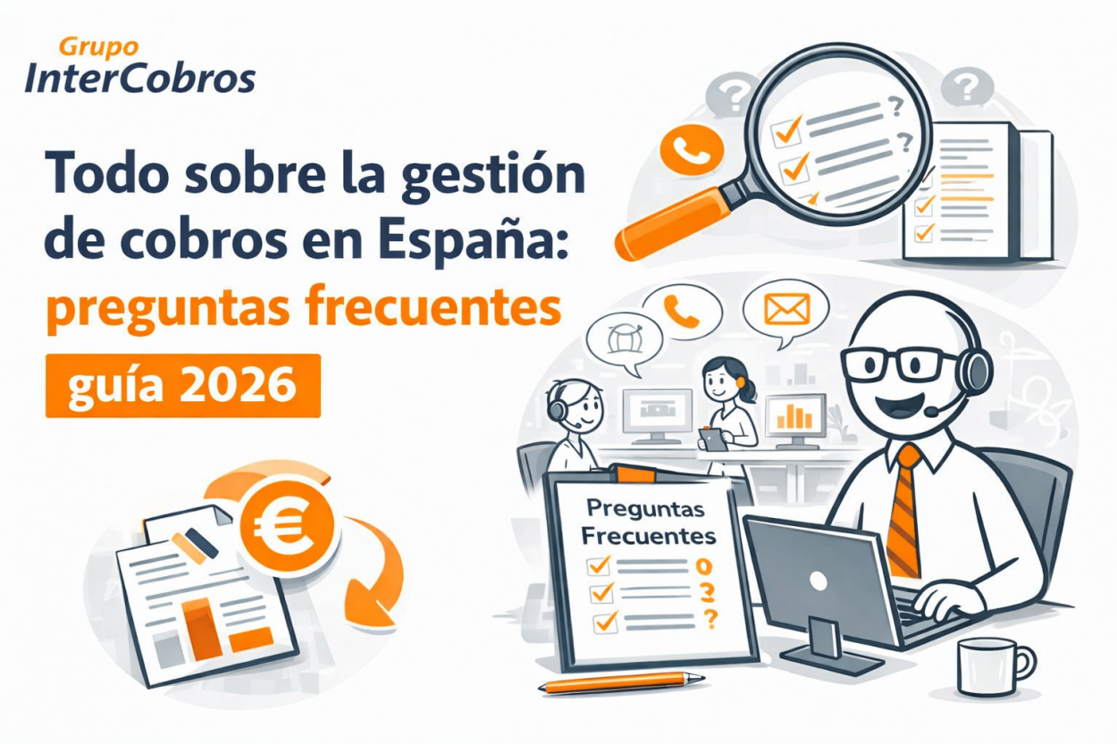 Ilustración corporativa de Grupo InterCobros sobre gestión de cobros en España, guía 2026, con fondo blanco y tonos naranja y gris, estilo profesional B2B.