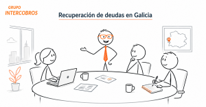 Recuperación de deudas en Galicia con equipo de Grupo Intercobros reunido en una mesa de trabajo