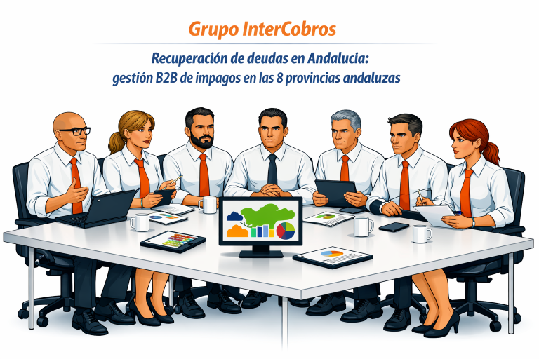 Equipo B2B de Grupo InterCobros en reunión formal sobre recuperación de deudas en Andalucía, con siete profesionales de distintas edades y perfiles, fondo blanco y estilo corporativo.