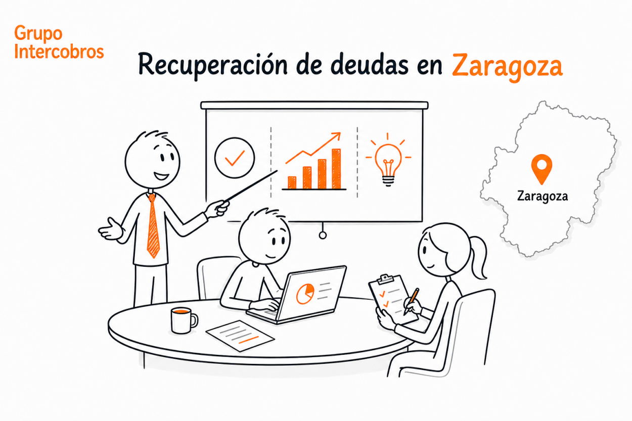 Imagen de Grupo Intercobros para recuperación de deudas en Zaragoza, con estilo Noddles corporativo, tres profesionales analizando documentación de impagos y mapa de Aragón indicando Zaragoza.