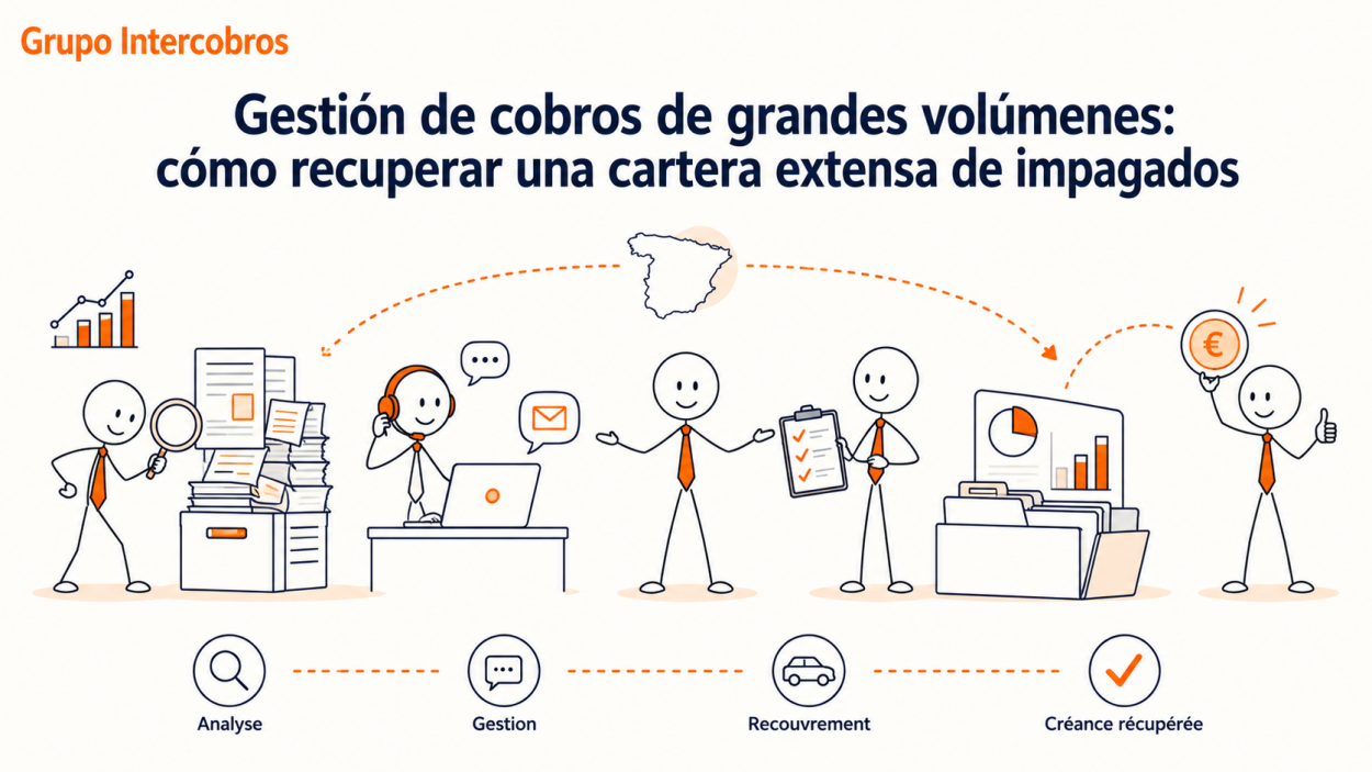 lustración corporativa de Grupo Intercobros sobre la gestión de cobros de grandes volúmenes y la recuperación de una cartera extensa de facturas impagadas.
