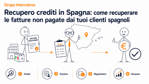 Illustrazione aziendale di Grupo Intercobros sul recupero crediti in Spagna, con fattura non pagata, gestione professionale, negoziazione e recupero del credito da clienti spagnoli.