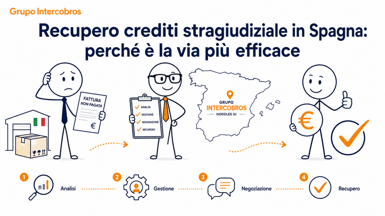 Illustrazione di Grupo Intercobros sul recupero crediti stragiudiziale in Spagna con fattura non pagata, gestione del credito, negoziazione e recupero finale.