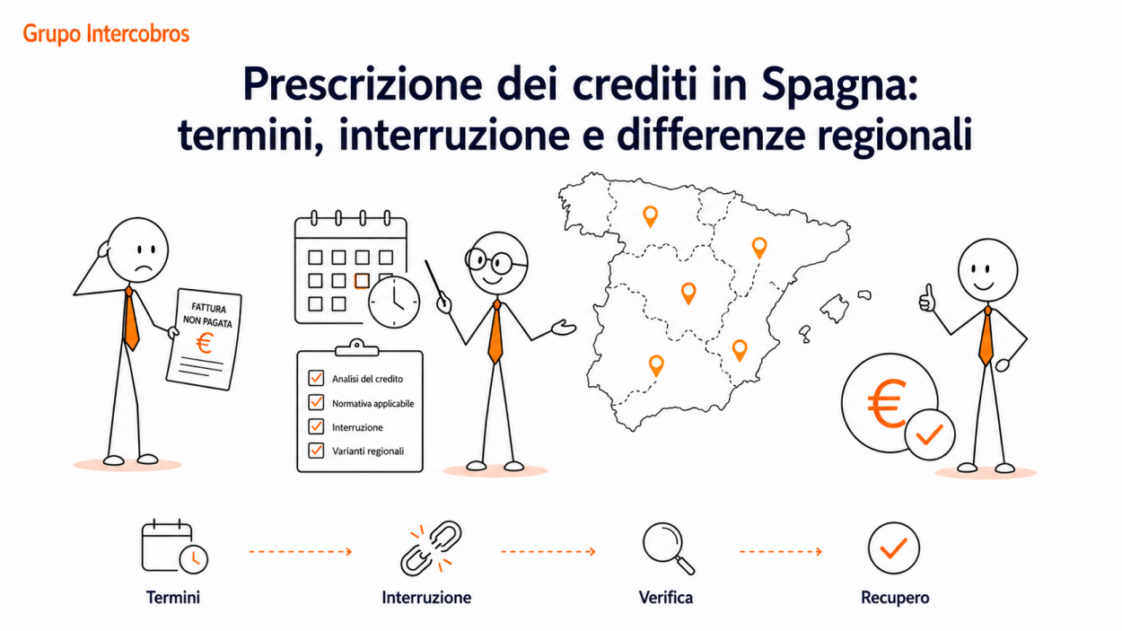 Illustrazione di Grupo Intercobros sulla prescrizione dei crediti in Spagna, con termini applicabili, interruzione della prescrizione e differenze regionali nel recupero del credito.