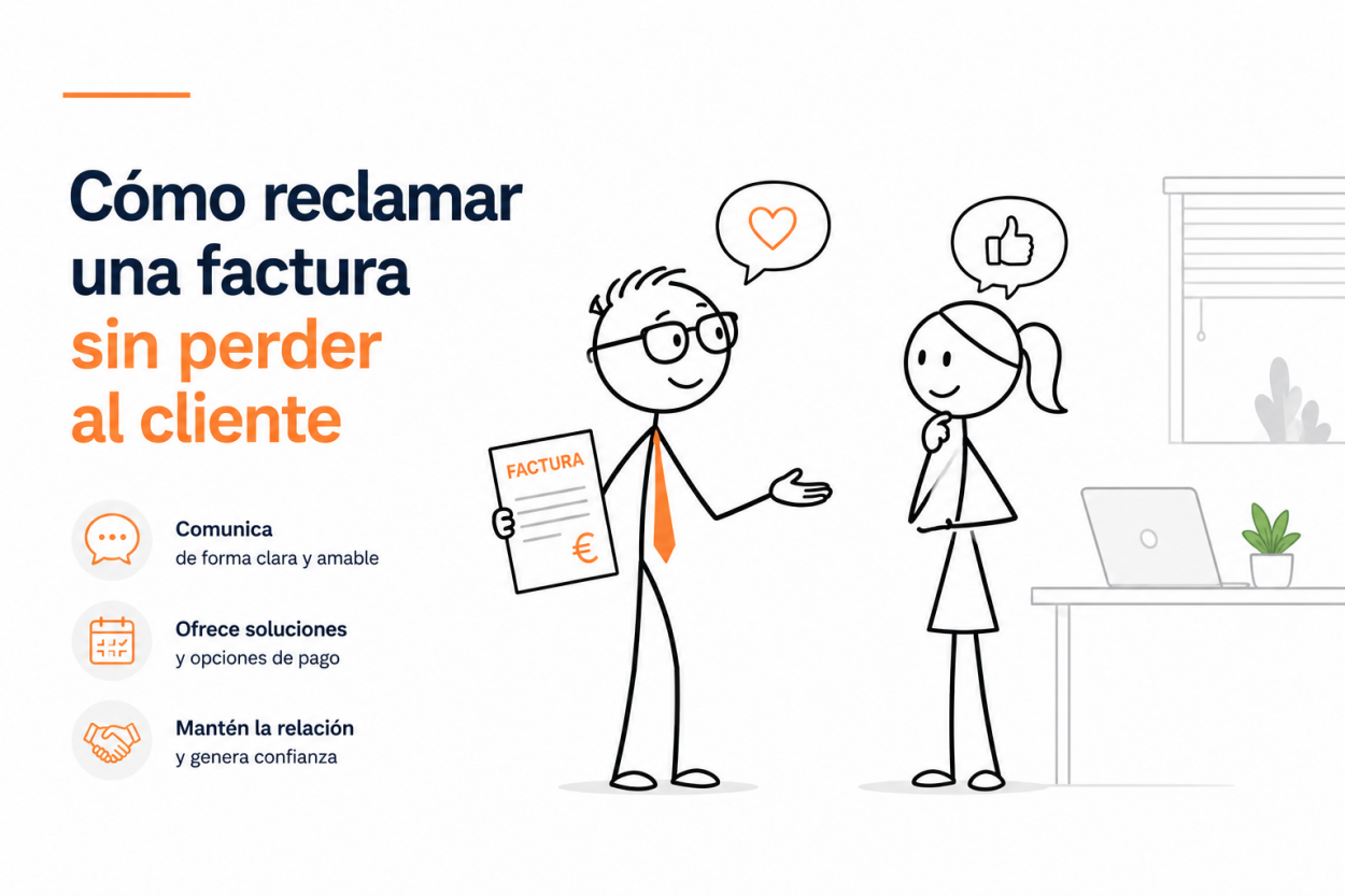 Ilustración corporativa sobre cómo reclamar una factura pendiente sin perder al cliente, mediante comunicación clara, opciones de pago y mantenimiento de la relación comercial.