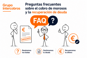 Ilustración corporativa de Grupo Intercobros sobre preguntas frecuentes del cobro de morosos y la recuperación de deuda, con una factura impagada, asesoramiento profesional y cobro recuperado.