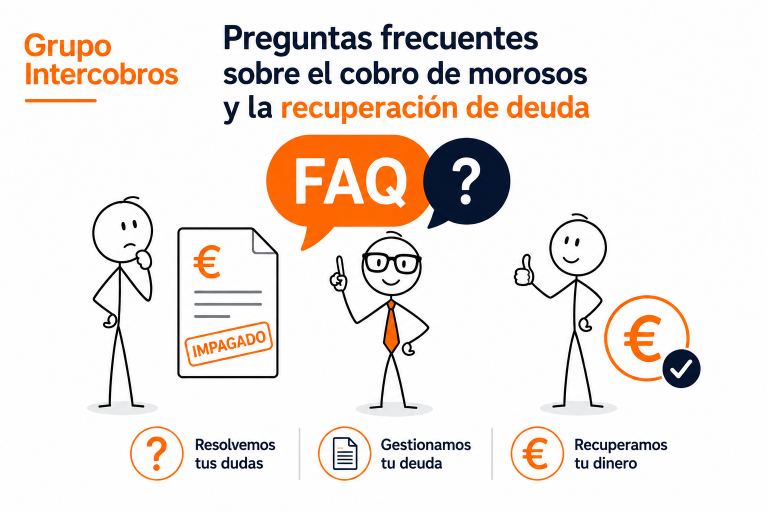 Ilustración corporativa de Grupo Intercobros sobre preguntas frecuentes del cobro de morosos y la recuperación de deuda, con una factura impagada, asesoramiento profesional y cobro recuperado.