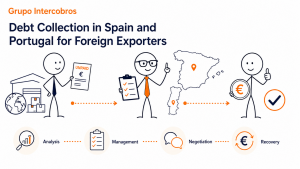 Corporate illustration by Grupo Intercobros about debt collection in Spain and Portugal for foreign exporters, showing unpaid invoices, case management, negotiation and debt recovery.
