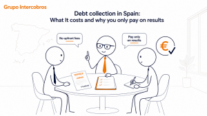 Corporate illustration by Grupo Intercobros about debt collection in Spain, showing a business meeting, an unpaid invoice, no upfront fees and payment only on recovered results.