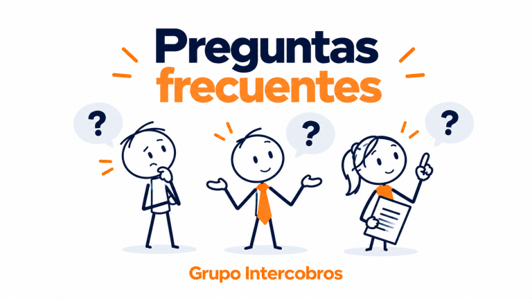Ilustración de Grupo Intercobros con tres personajes Noddles y signos de interrogación para representar preguntas frecuentes sobre cobro de morosos y recuperación de deuda.